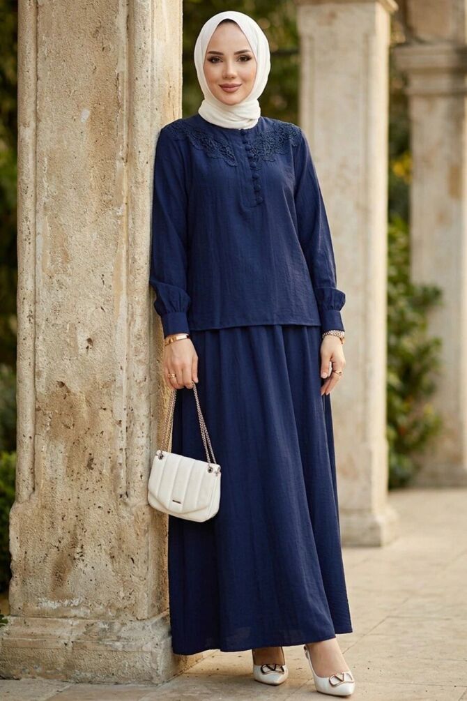 Skirted Navy Blue Modest Two-Piece Set 20364L - 1