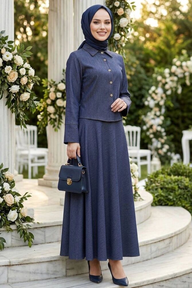 Skirted Navy Blue Modest Two-Piece Set 6287L - 1