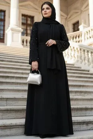 Sleeves Boncuklu Black Modest Abaya 85104S - 1
