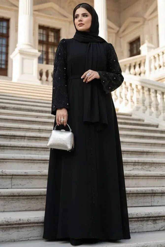 Sleeves Boncuklu Black Modest Abaya 85104S - 1