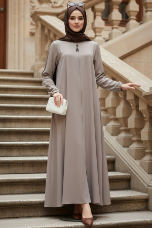 Sleeves Button Detailed Koyu Beige Modest Abaya 45292KBEJ 