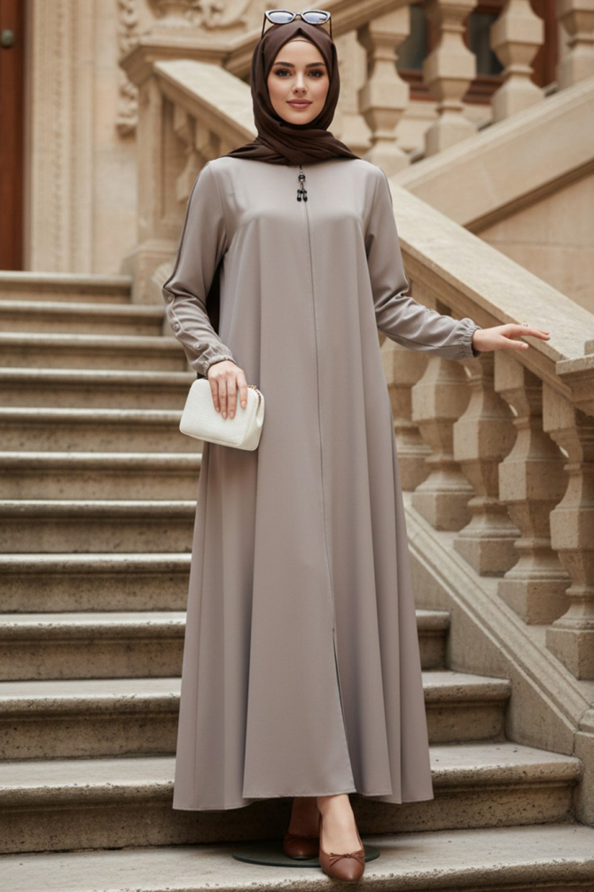 Sleeves Button Detailed Koyu Beige Modest Abaya 45292KBEJ - 1
