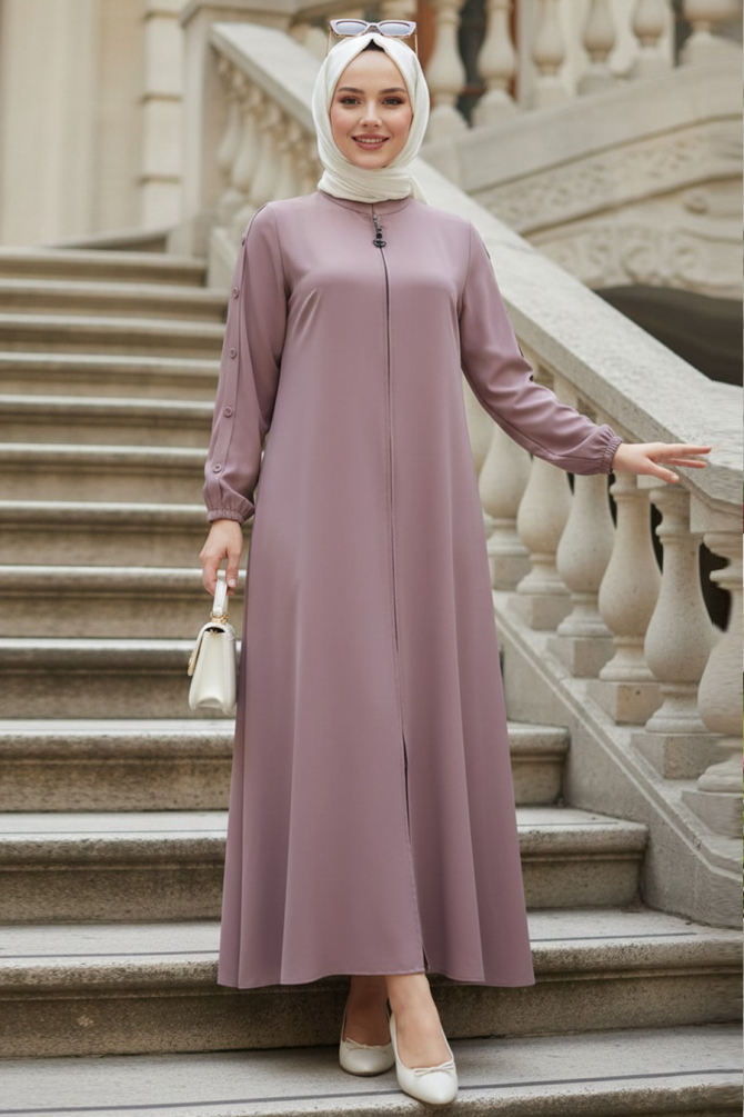 Sleeves Button Detailed Powder Pink Modest Abaya 45292PD - 1