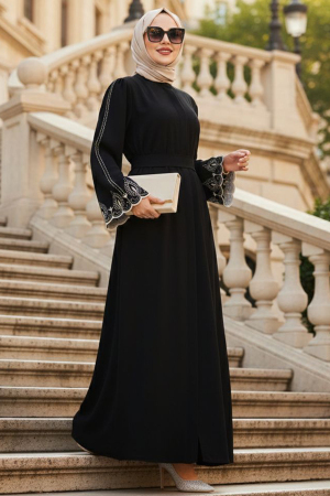 Sleeves Detailed Black Modest Abaya 60063S 