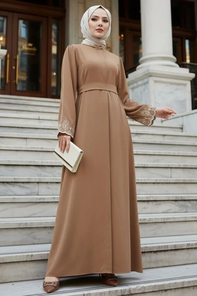 Sleeves Detailed Camel Modest Abaya 60063C - 1