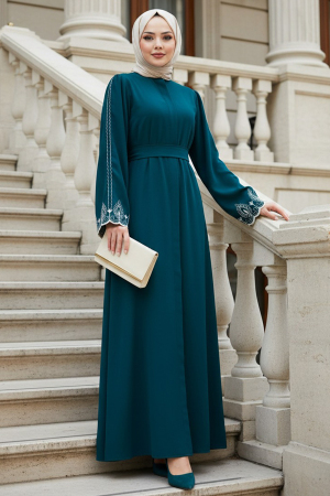 Sleeves Detailed Petrol Mavisi Modest Abaya 60063PM - 1