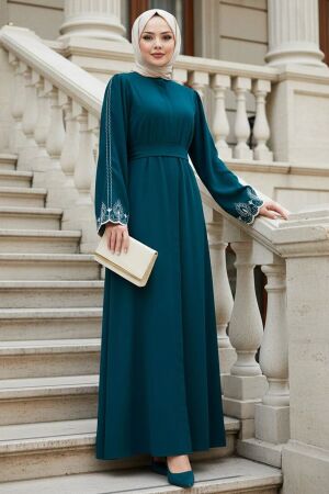 Sleeves Detailed Petrol Mavisi Modest Abaya 60063PM 
