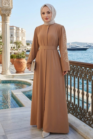 Sleeves Embroidery Detailed Biscuit Modest Abaya Dress 60013BS - 1