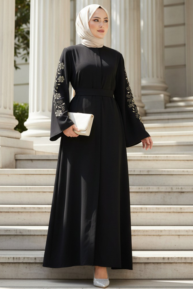 Sleeves Embroidery Detailed Black Modest Abaya Dress 60013S - 1