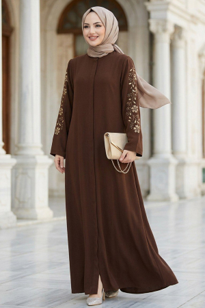 Sleeves Embroidery Detailed Dark Brown Modest Abaya Dress 60013KKH 