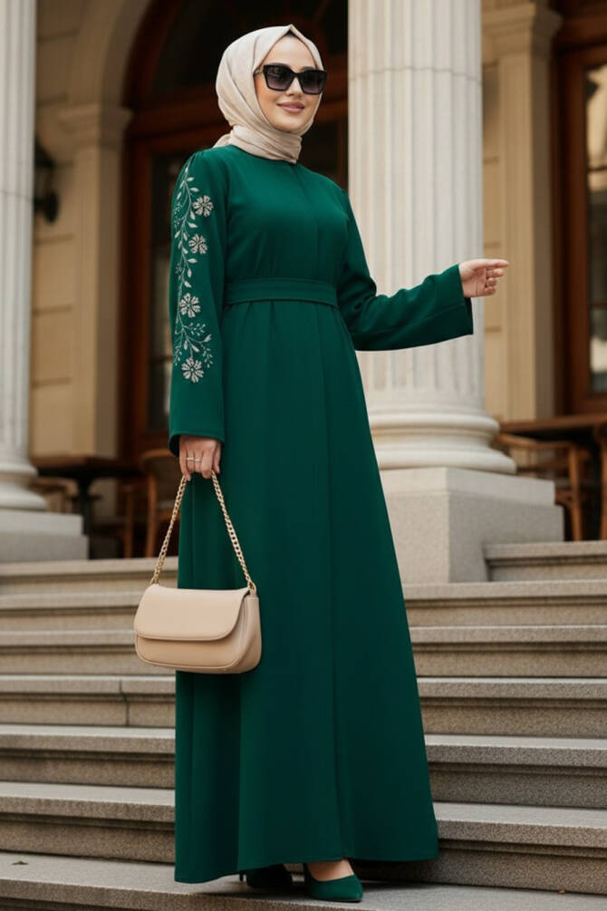 Sleeves Embroidery Detailed Green Modest Abaya Dress 60013Y - 1
