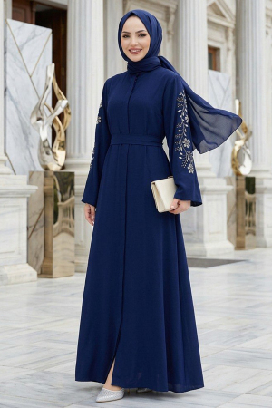 Sleeves Embroidery Detailed Navy Blue Modest Abaya Dress 60013L 