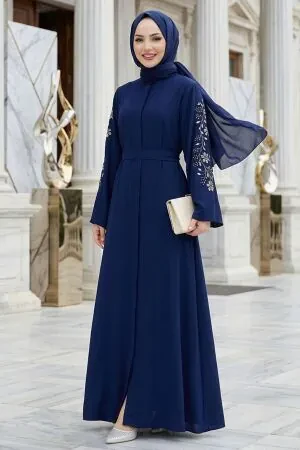 Sleeves Embroidery Detailed Navy Blue Modest Abaya Dress 60013L 
