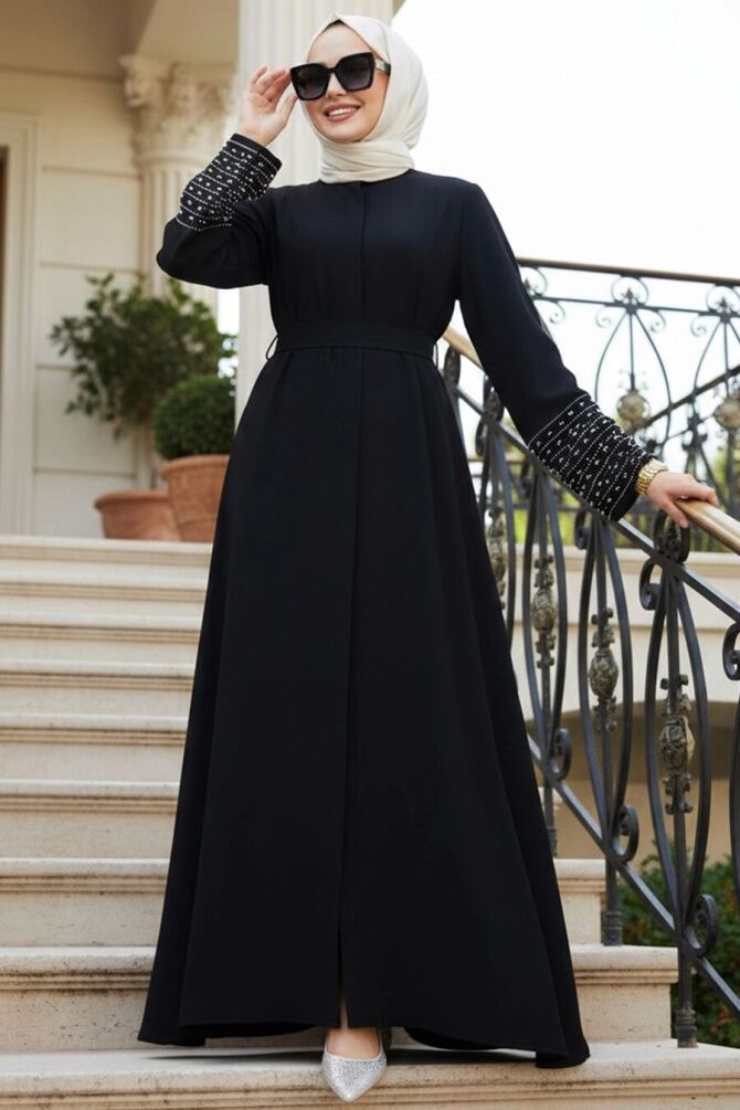 Sleeves Stone Embroidered Black Modest Abaya Dress 60041S - 1