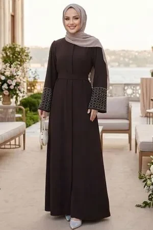 Sleeves Stone Embroidered Dark Brown Modest Abaya Dress 60041KKH 