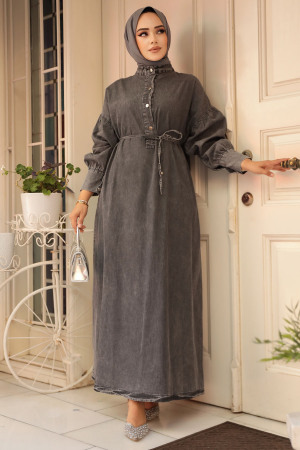 Smoke Color Hijab Denim Dress 23324FU - 1