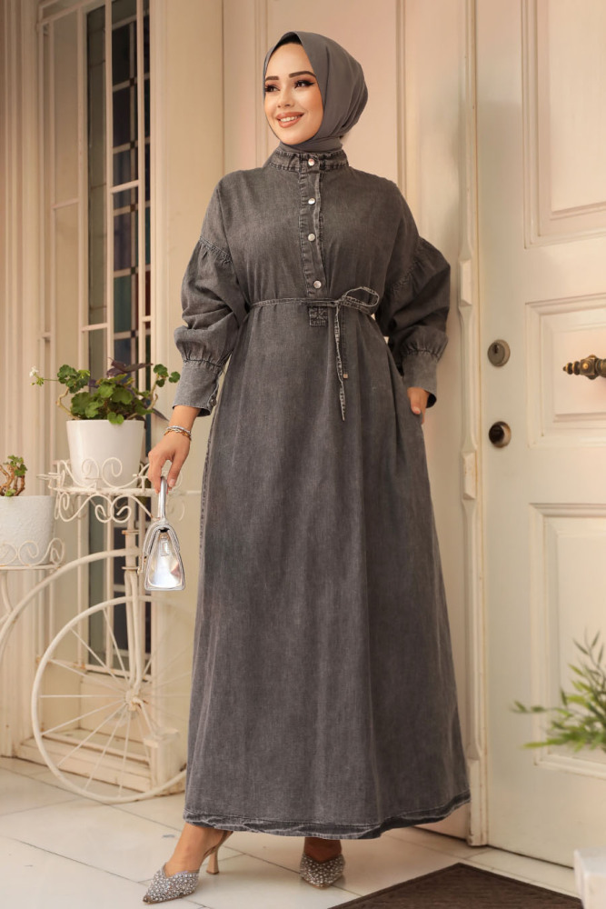 Smoke Color Hijab Denim Dress 23324FU - 2