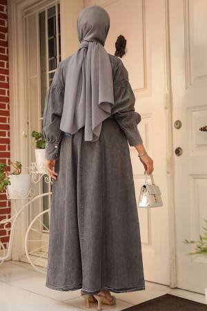Smoke Color Hijab Denim Dress 23324FU - 3