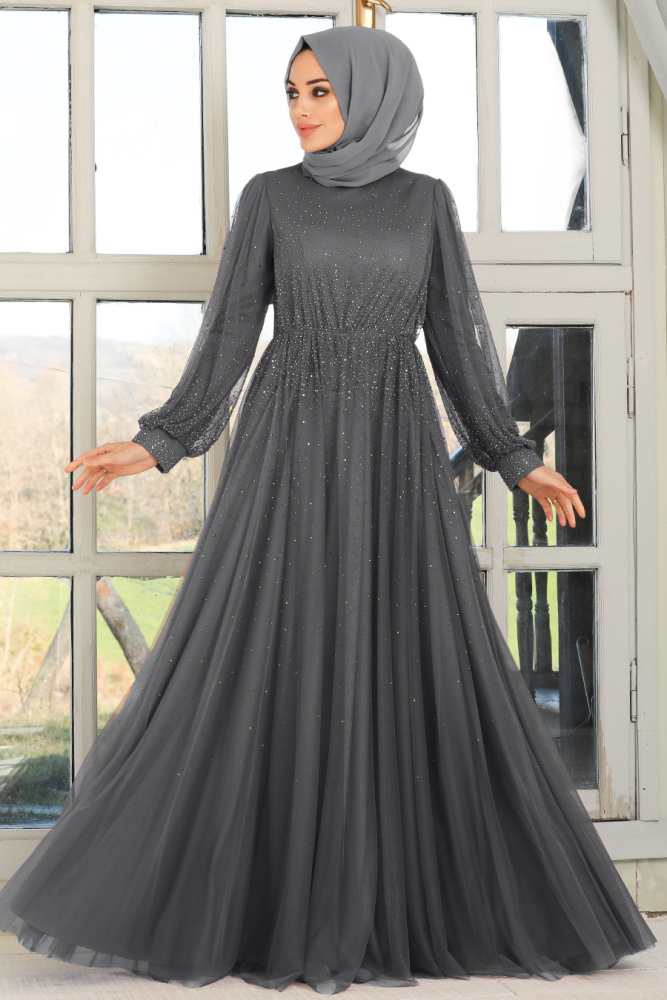 Smoke Color Hijab Evening Dress 21501FU - 1