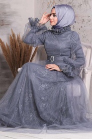 Smoke Color Hijab Evening Dress 21820FU - Thumbnail