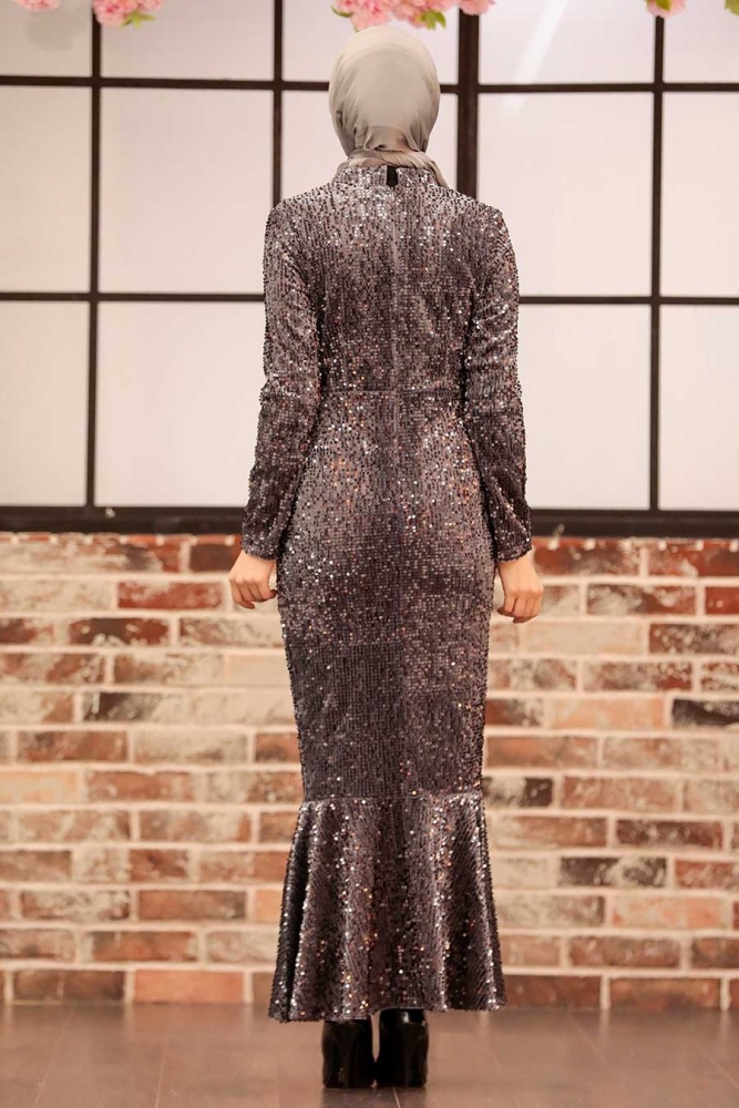 Neva Style - Smoke Color Turkish Hijab Long Sleeve Dress 32370FU - 3
