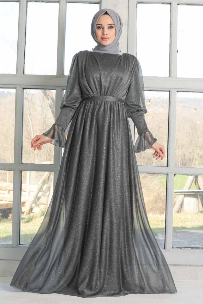 Smoke Color Hijab Evening Dress 5367FU - 1