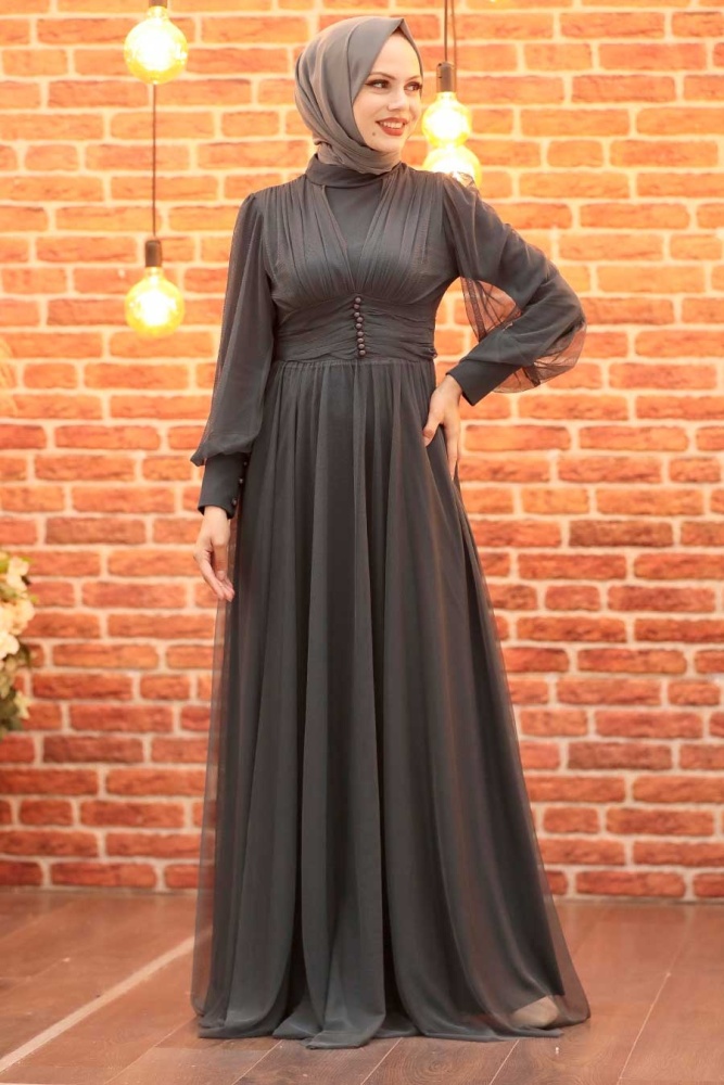 Neva Style - Plus Size Smoke Color Islamic Wedding Gown 5478FU - 2