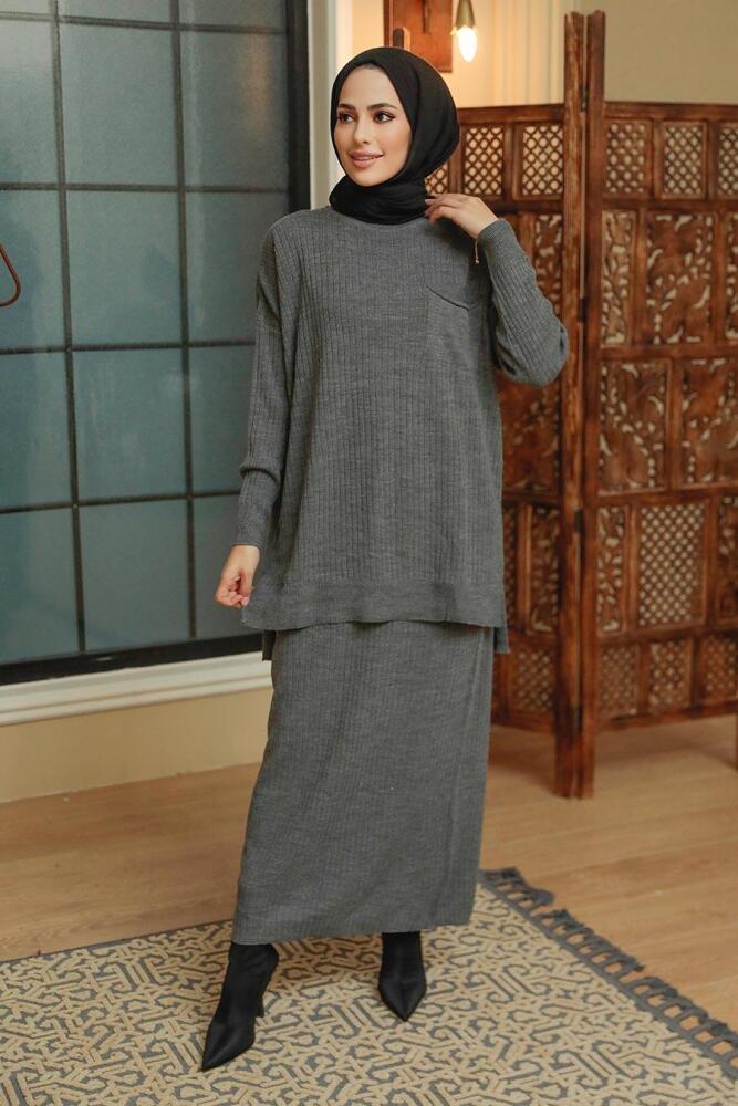 Smoke Color Hijab Knitwear Suit Dress 34021FU - 1