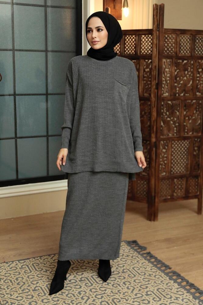 Smoke Color Hijab Knitwear Suit Dress 34021FU - 2