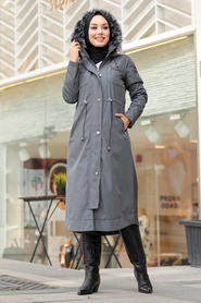 Smoke Color Hijab Parka Coat 63774FU - Thumbnail