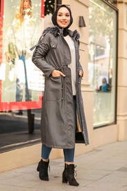 Smoke Color Hijab Parka Coat 64564FU - Thumbnail