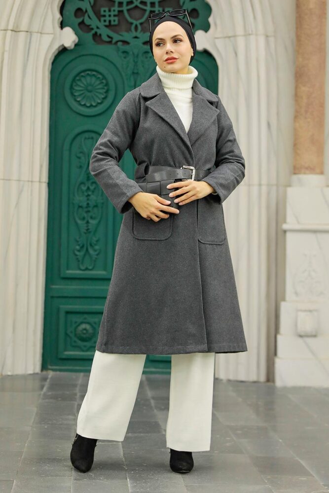 Smoke Color Hijab Stamp Coat 5809FU - 3