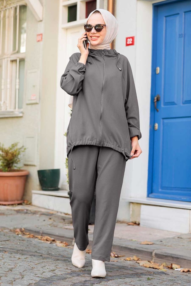 Smoke Color Hijab Suit Dress 1288FU - 1