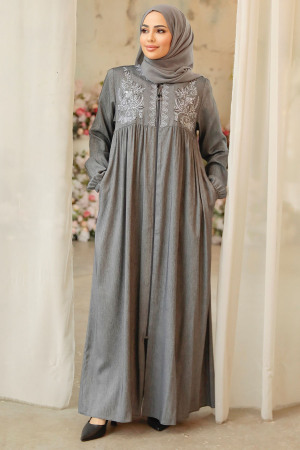 Smoke Color Modest Abaya Dubai 45279FU - 2