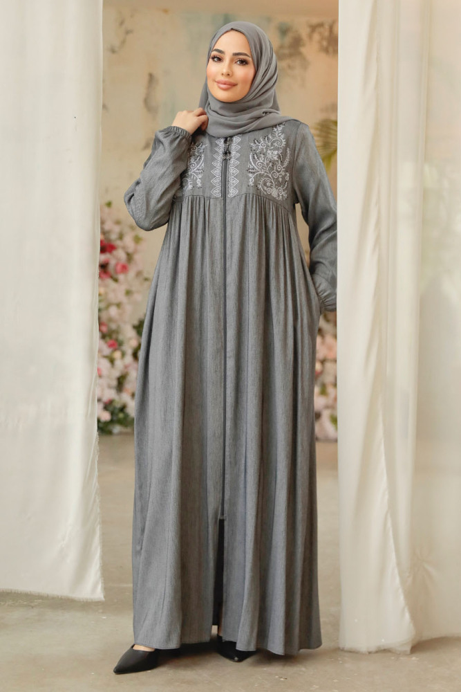 Smoke Color Modest Abaya Dubai 45279FU - 1