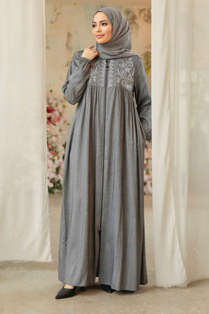 Smoke Color Modest Abaya Dubai 45279FU - 3