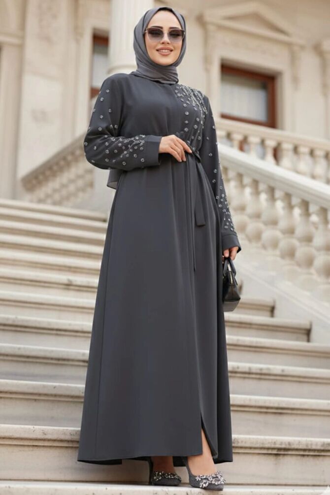 Smoke Color Modest Dubai Abaya 29101FU - 1