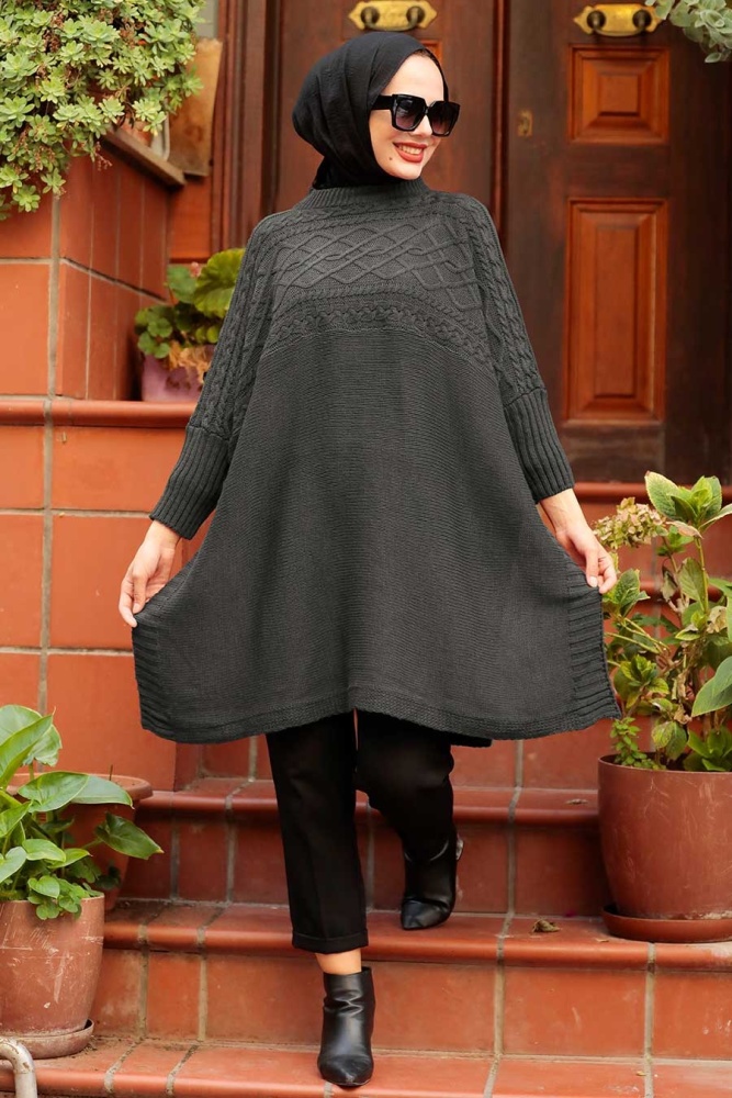 Smoke Color Hijab Knitwear Poncho 3245FU - 1