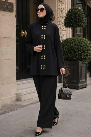 Snap-Detail Black Modest Two-Piece Set 1368S 