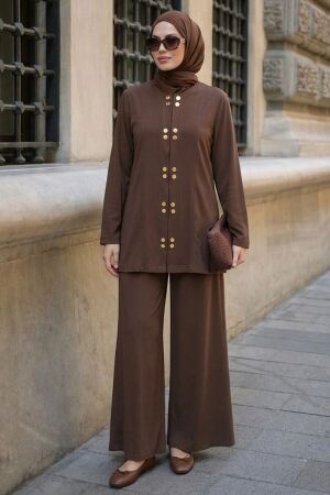 Snap-Detail Brown Modest Two-Piece Set 1368KH 
