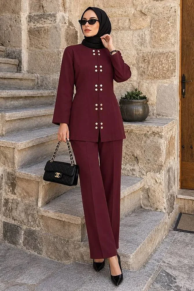 Snap-Detail Plum Modest Two-Piece Set 1368MU - 1