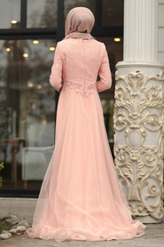 Solmon Pink Hijab Evening Dress 4583SMN - Thumbnail