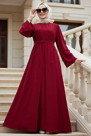 Stone Aplikeli Burgundy Modest Abaya 82412BR 