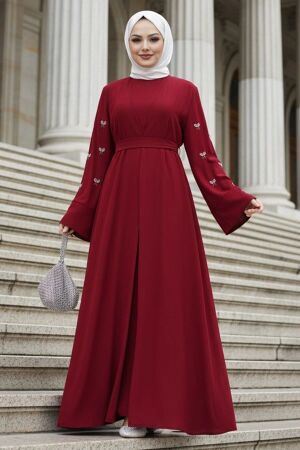 Stone Aplikeli Burgundy Modest Abaya 82421BR 