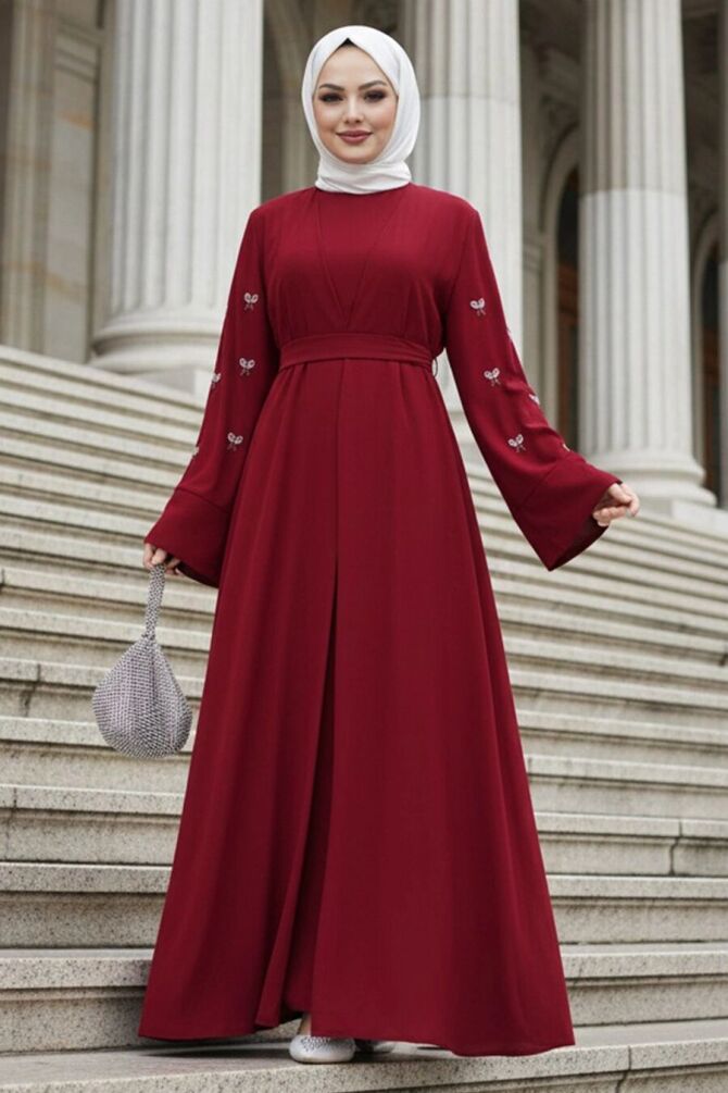 Stone Aplikeli Burgundy Modest Abaya 82421BR - 1
