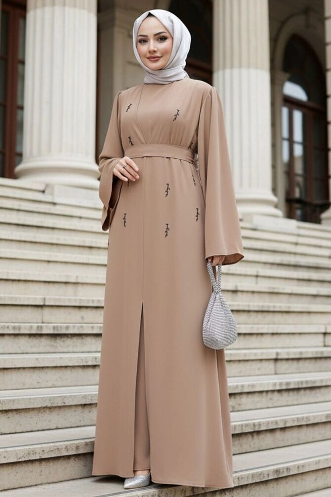 Stone Aplikeli Camel Modest Abaya 82412C - 1