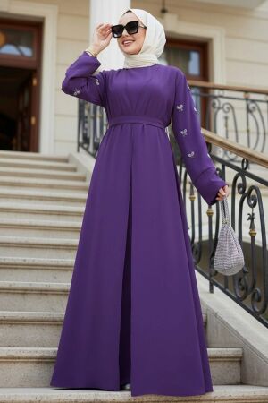 Stone Aplikeli Koyu Lila Modest Abaya 82421KLILA - 1