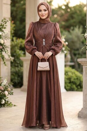 Stone Buckle Draped Brown Modest Evening Dress 5705KH - 1