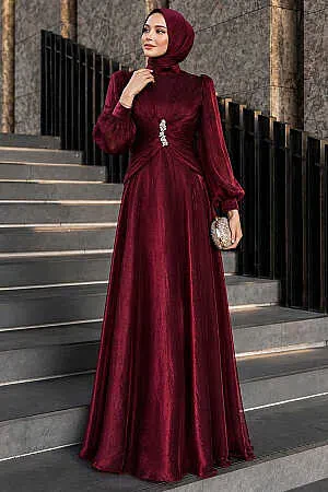 Stone Buckle Draped Dark Burgundy Modest Evening Dress 5705KBR 