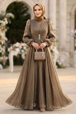 Stone Buckle Draped Dark Mink Modest Evening Dress 5705KV 